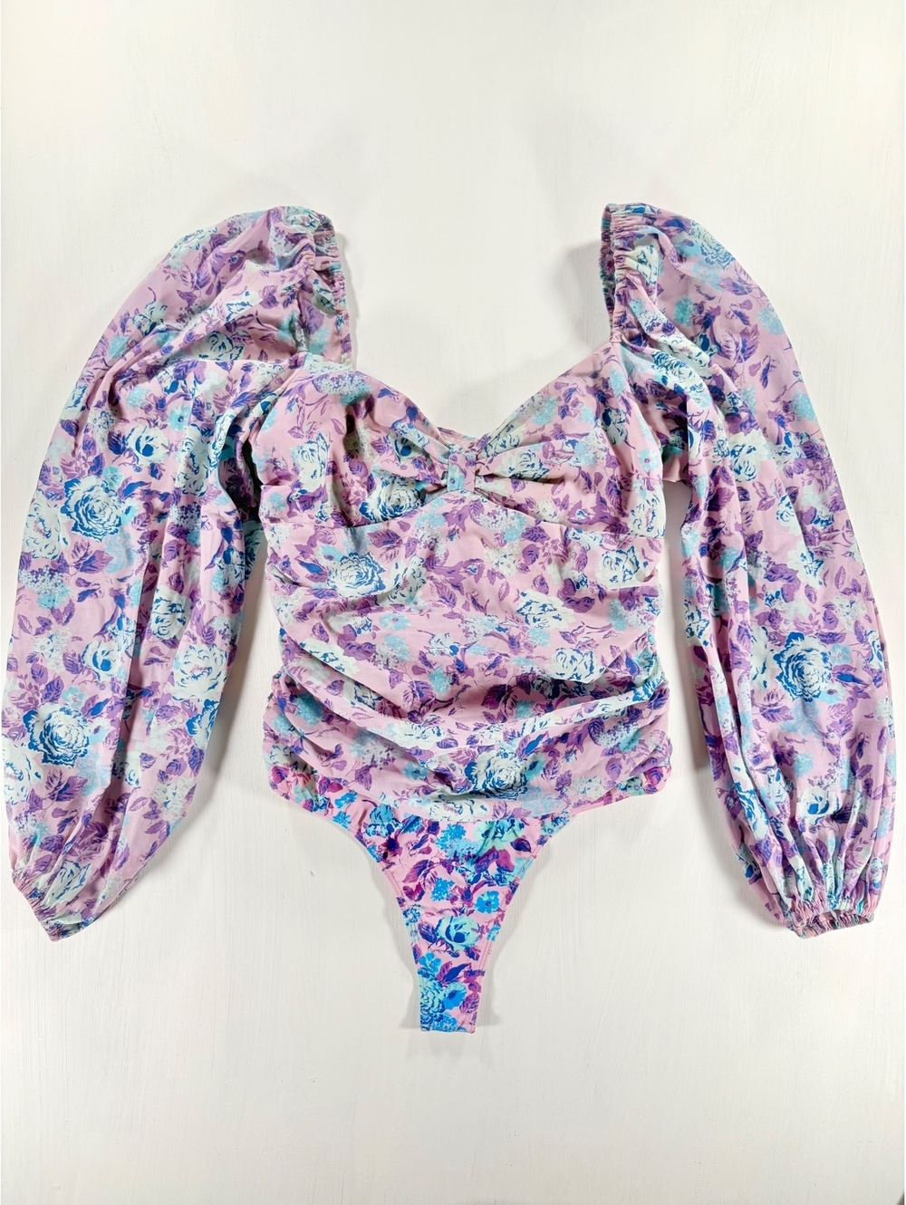 For Love & Lemons Boho Floral Ruched Long Sleeve Statement Bodysuit